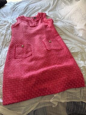 Karl Lagerfeld Hot Pink Tweed Shift Dress with Pocket Flaps